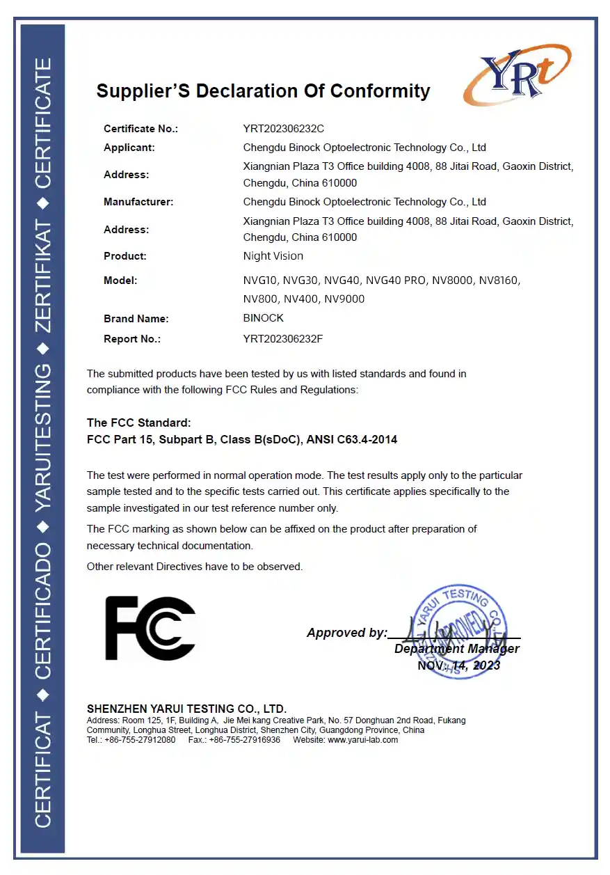 Certification Binock de la vision nocturne et du télescope