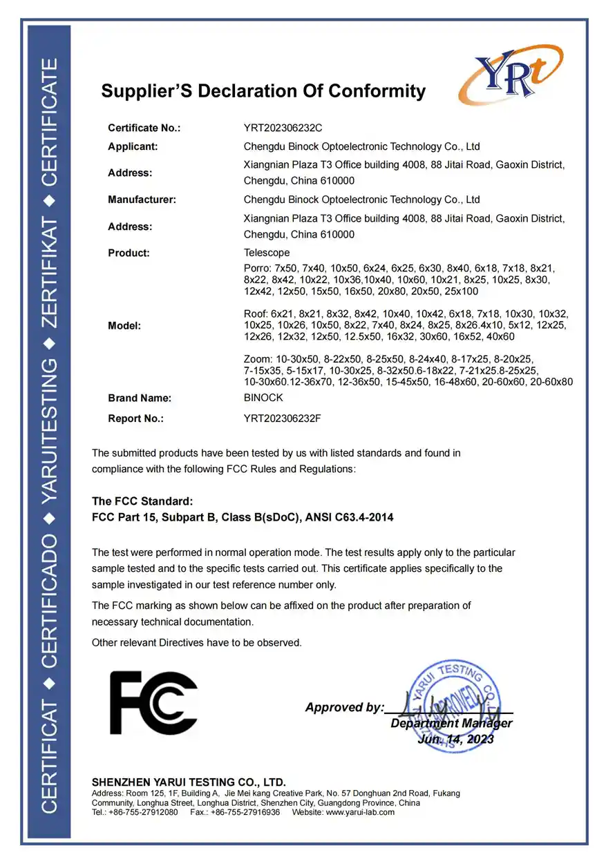 Certification Binock de la vision nocturne et du télescope