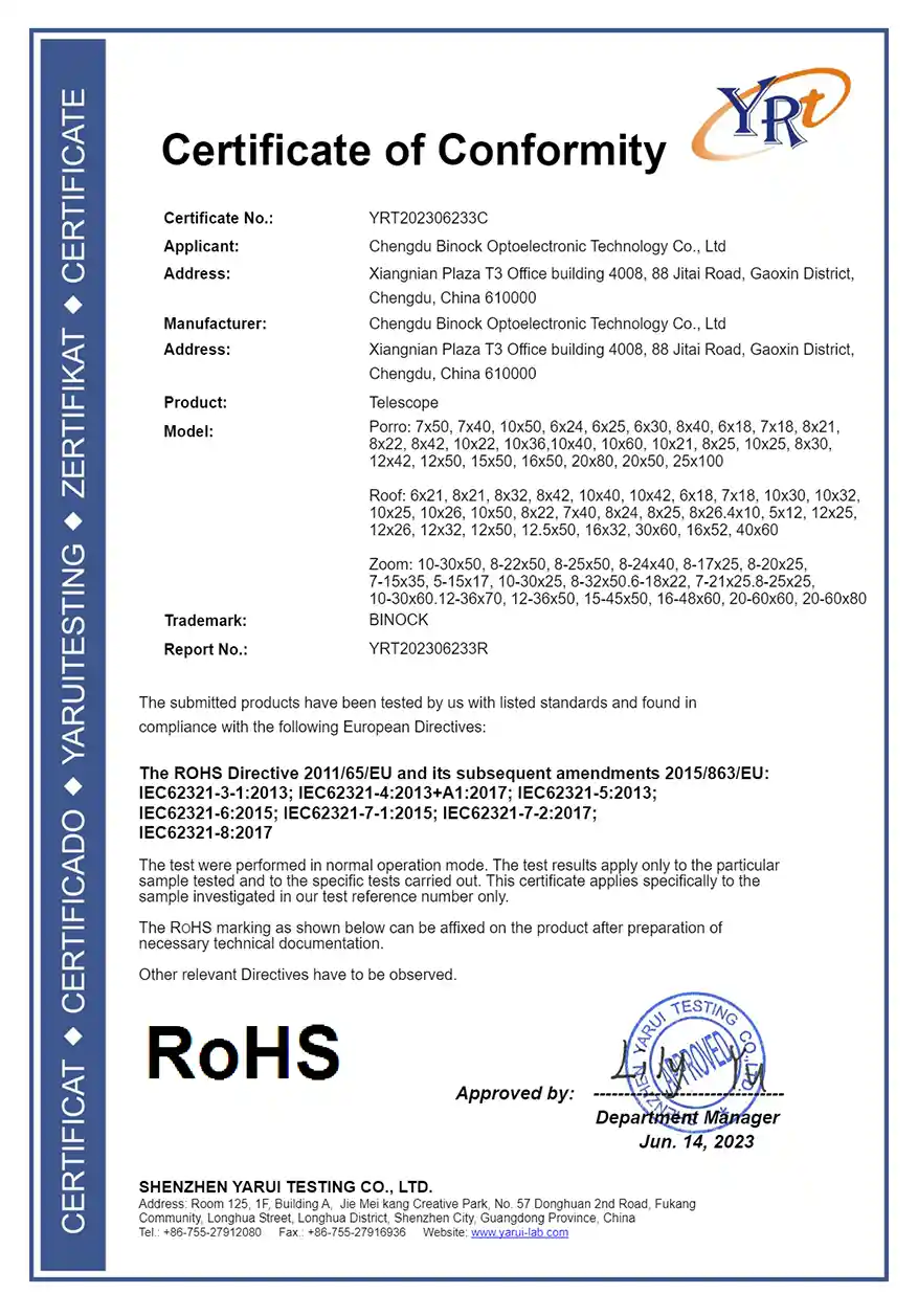 Certification Binock de la vision nocturne et du télescope