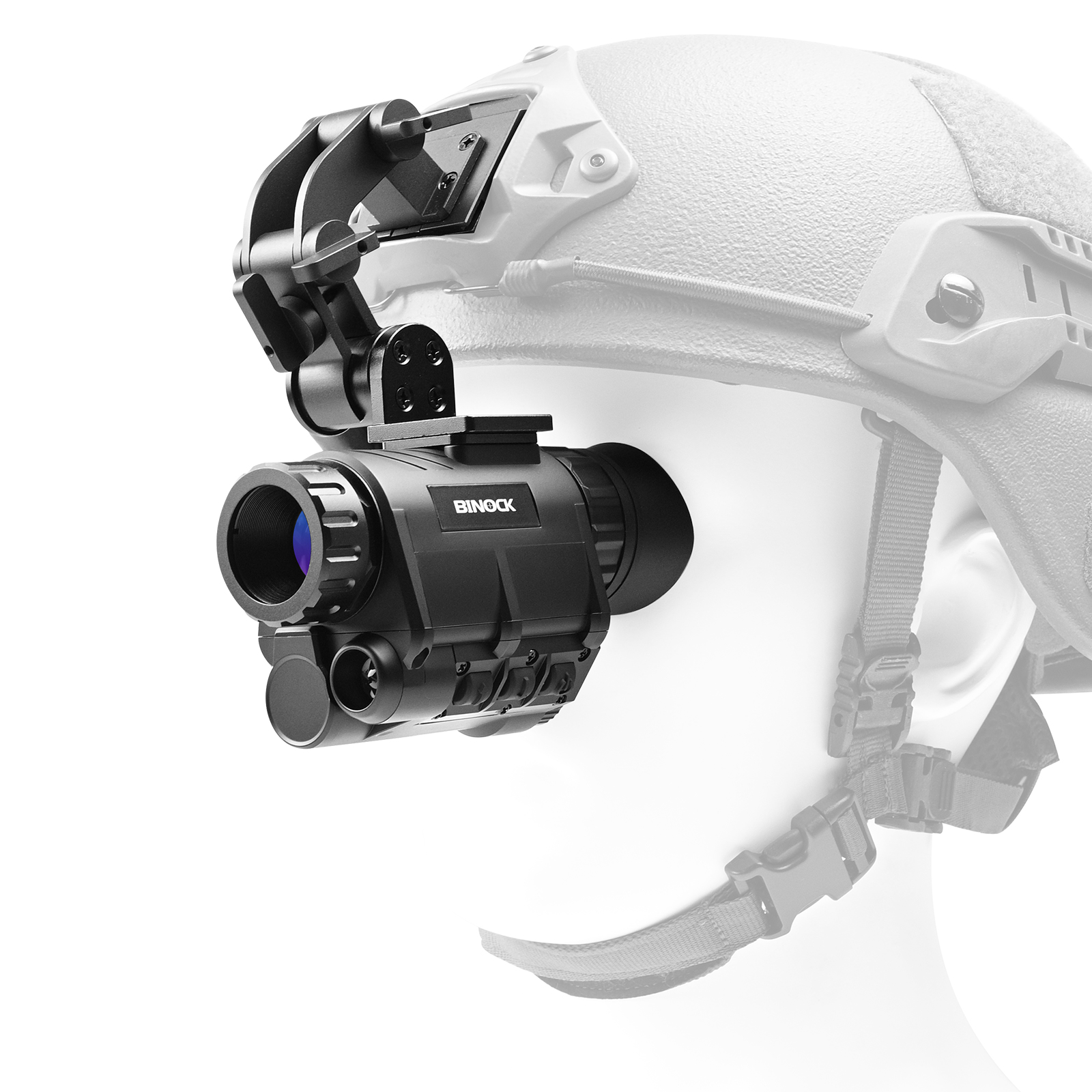 Monoculares numériques de vision nocturne pour la chasse avec casque sur fond blanc